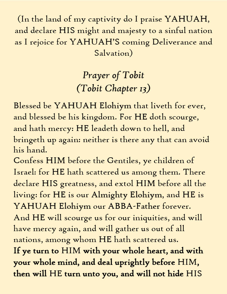 Prayer of Tobit - In the land of my captivity do I praise YAHUAH, and declare HIS might and majesty to a sinful nation as I rejoice for YAHUAH’S coming Deliverance and Salvation.
